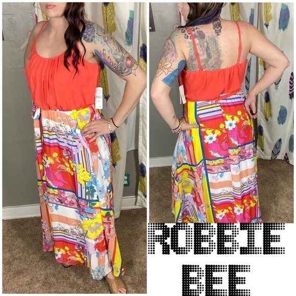 Stunningly vibrant Robbie Bee floral Colorblock abstract maxi dress adjustable - Picture 1 of 12